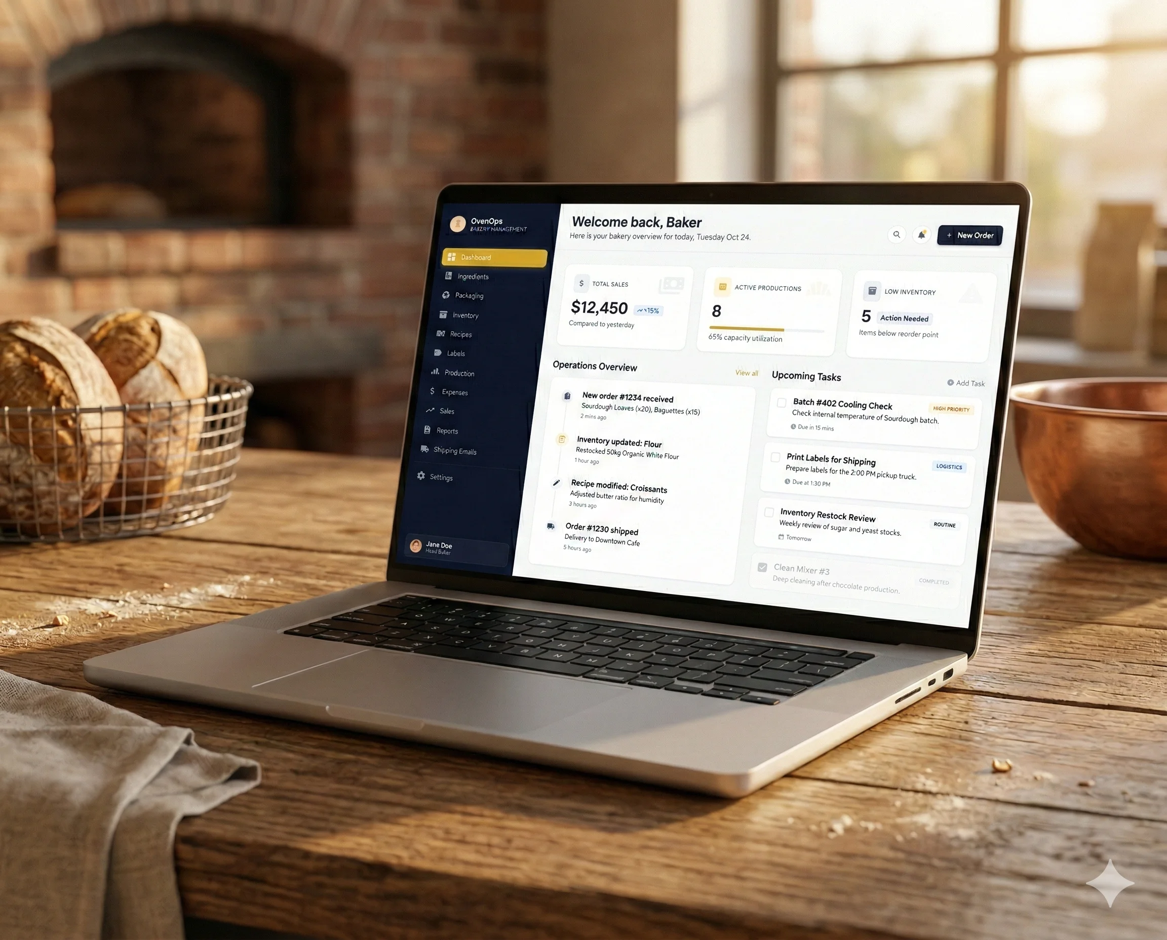 OvenOps dashboard showing inventory management, batch production charts and operational metrics